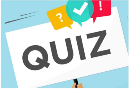 A cartoon sign saying "Quiz" on it. Background is blue, sign is white. Sign also includes some colored exclamation points and a check mark. 